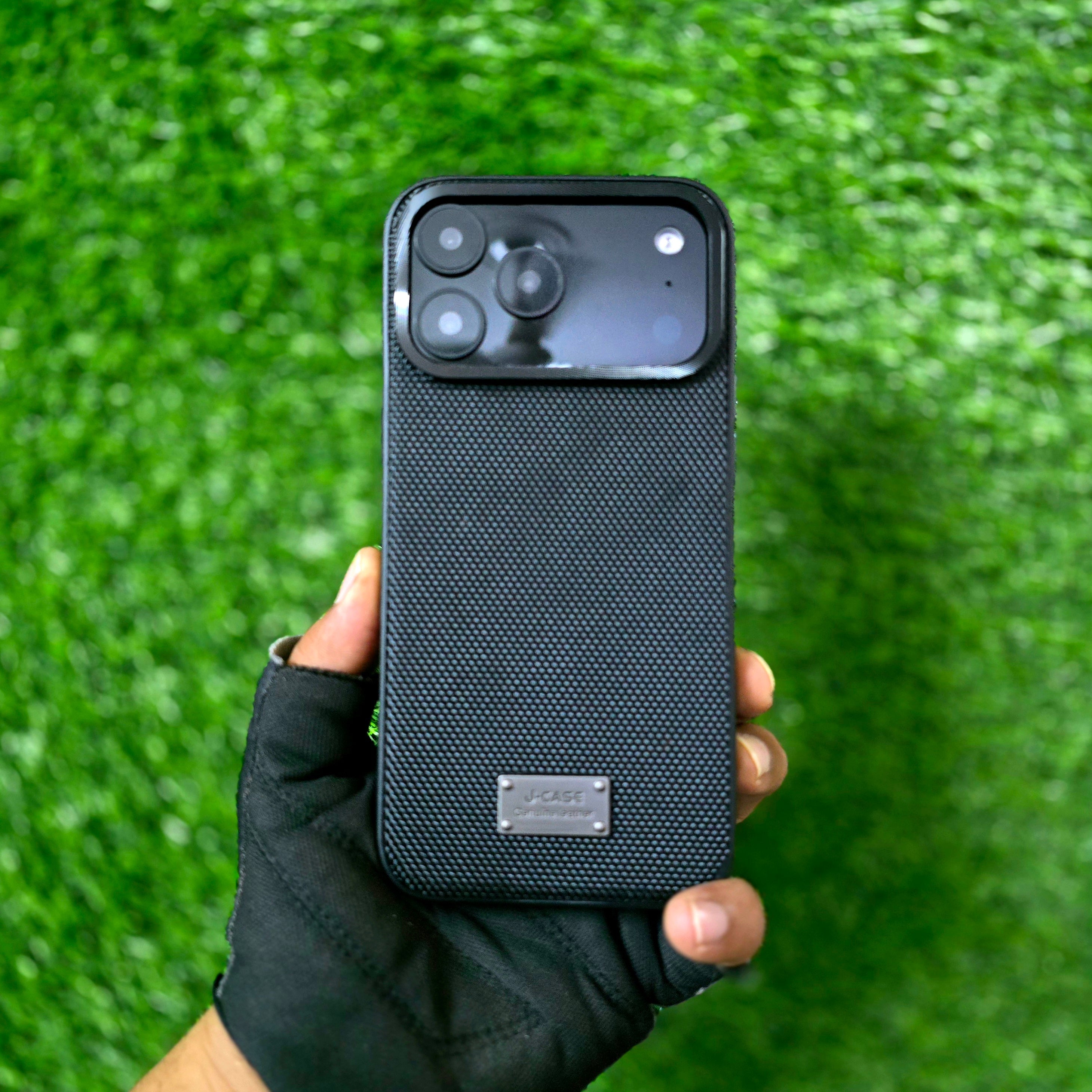 iPhone 17 Pro Leather Cover, J-Series Dotted Vegan Slim Leather Case - Black